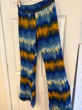 Wide Leg Women’s Pants in Blue & Mustard - Lightweight Stretch
